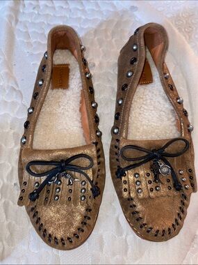 Coach Metallic Brown Studded Moccasins with Black Bow
